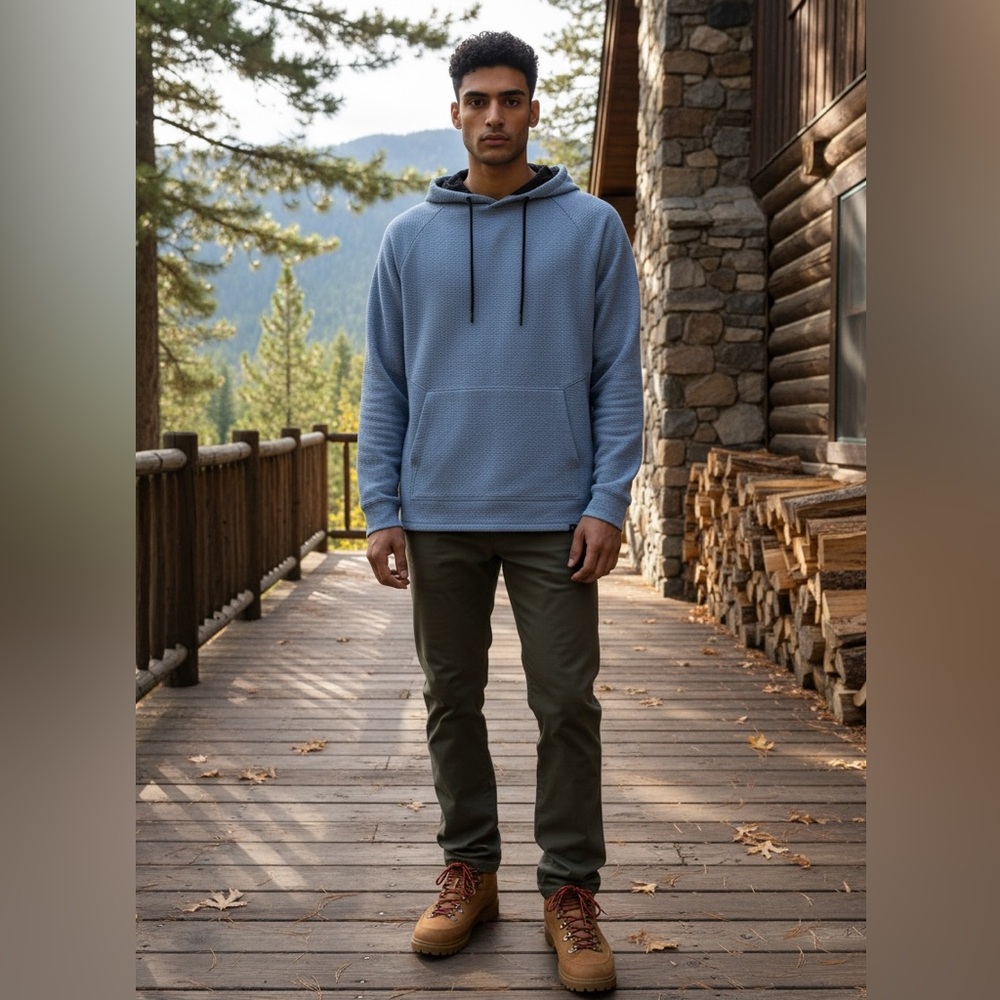 Ascend Mens Hoodie Copen Blue Organic Cotton Blend Oversized Camping Hiking SZ M